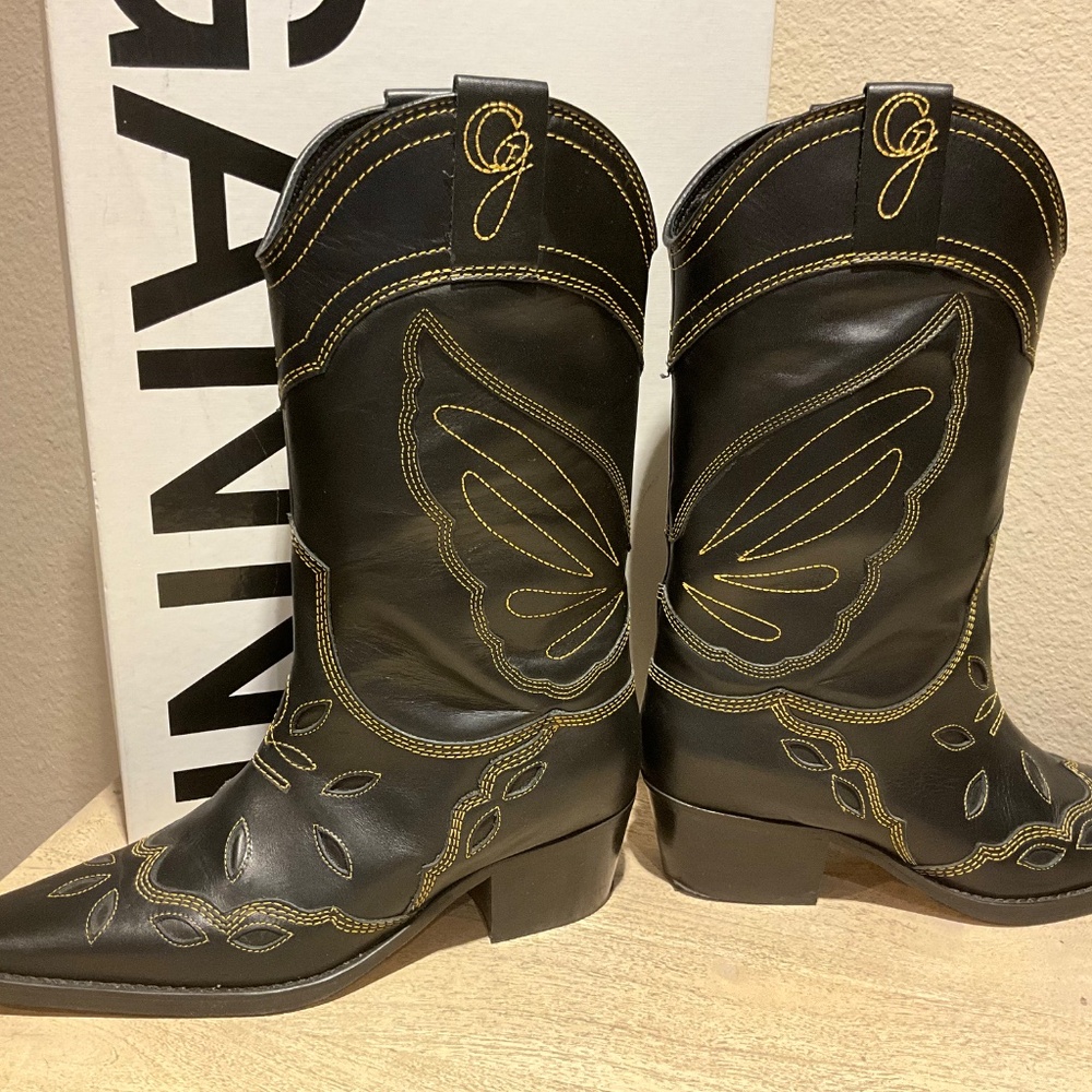 GANNI Mid Shaft Embroidered Western Cowboy Boots High Texas Boot Black Size 40 9 - Picture 9 of 16